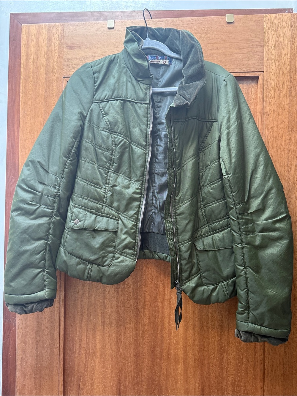 Free People Olive Green Quilted Bomber Jacket